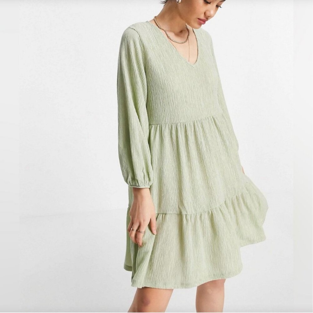 Mango Sage Green Mini Tiered V-Neck Smock Dress